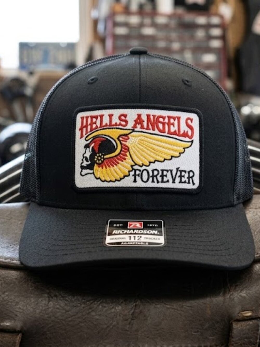 Winged Skull Patch Black Trucker Hat Richardson 112 Outlaw Biker Cap New Gang 80